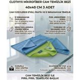 Clothyx Mikrofiber Cam Temizlik Bezi 40*40 cm 3 Adet - Mavi-Mavi-Yeşil