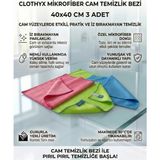 Clothyx Mikrofiber Cam Temizlik Bezi 40*40 cm 3 Adet - Mavi-Yeşil-Pembe
