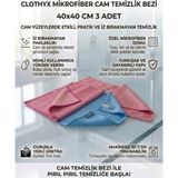 Clothyx Mikrofiber Cam Temizlik Bezi 40*40 cm 3 Adet - Pembe-Pembe-Mavi