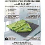 Clothyx Mikrofiber Cam Temizlik Bezi 40*40 cm 3 Adet - Yeşil-Yeşil-Gri