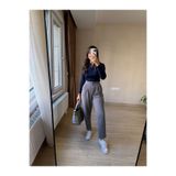 Club Floral Fashıon Kadın Çift Düğme Pileli Havuç Kalıp Full Likra Günlük Gri Pantolon