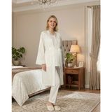 Cm Store Bone 6201 Kadın Jakar Saten Sabahlıklı Lohusa Pijama Takımı - Ekru - XL