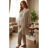 Cm Store Bone 6201 Kadın Jakar Saten Sabahlıklı Lohusa Pijama Takımı - Yeşil