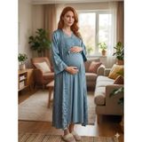 Cm Store Bone 6202 Kadın Jakar Saten Lohusa Uzun Sabahlıklı Gecelik Takım - Mavi - XL