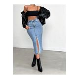 Cms Jeans Kadın Yırtmaçlı Mavi Kar Yıkama Likralı Denim Etek Buz Mavisi L