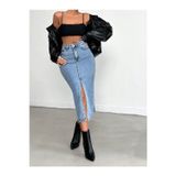 Cms Jeans Kadın Yırtmaçlı Mavi Kar Yıkama Likralı Denim Etek Buz Mavisi M