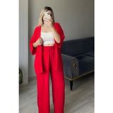 Cmz Collection Kadın Kırmızı Dökümlü Bürümcük Yazlık Kimono Takım