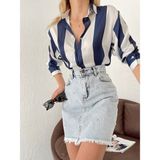 Cng Moda Kalın Çizgili Saten Gömlek - Standart - Lacivert-494