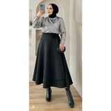 Cng Moda Puf Scuba Yandan Bağlamalı Fermuarlı Likralı Kloş Etek - Siyah - 44