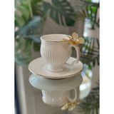 Çnr Home Collection 6 Kişilik Gold Kelebek Detaylı Porselen Kahve Fincanı ve Tabağı Seti Lüks Türk Kahve Fincanı - Beyaz