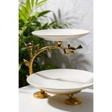 ÇNR Home Collection Gold Kuş Detaylı 2 Katlı Porselen Sunumluk Şık Servis Tabağı Dekoratif Kurabiyelik İkramlık Standı