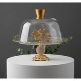 Çnr Home Collection Gold Metal Ayaklı Cam Kapaklı Kek-Pasta Standı- Fanus - Altın