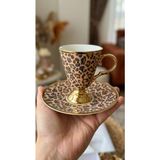 Çnr Home Collection Leopar Desenli Ayaklı Porselen Kahve Fincanı Takımı 6 Kişilik- Altın Yaldızlı Fincan Seti - Pembe