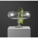Çnr Home Collection Lotus Kristal 24'cm Kesme Dekor Metal Ayaklı Salata Kasesi Cam Sunumluk -Servis Tabağı - Gümüş