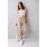 CNRCollection Kadın Bej Yüksek Bel Çift Düğmeli Tarz Havuç Model Bilek Boy Krep Kumaş Pantolon