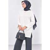CNRCollection Kadın Beyaz Modal Kumaş Yırtmaç Detaylı Bisiklet Yaka Oversize Tesettür Tunik Sweat