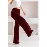 CNRCollection Kadın Bordo Yüksek Bel Toparlayıcı Önü Nervürlü Geniş Kalıp Bol Paça Modal Kumaş Tayt Pantolon