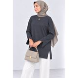 CNRCollection Kadın Füme Modal Kumaş Yırtmaç Detaylı Bisiklet Yaka Oversize Tesettür Tunik Sweat