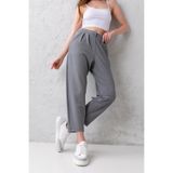 CNRCollection Kadın Gri Yüksek Bel Çift Düğmeli Tarz Havuç Model Bilek Boy Krep Kumaş Pantolon
