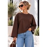 CNRCollection Kadın Kahverengi Bisiklet Yaka Tişört Modal Kumaş Basic Oversize Uzun Kollu T-Shirt Bluz