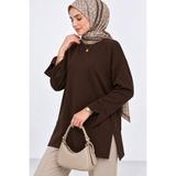 CNRCollection Kadın Kahverengi Modal Kumaş Yırtmaç Detaylı Bisiklet Yaka Oversize Tesettür Tunik Sweat