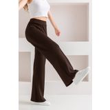 CNRCollection Kadın Kahverengi Yüksek Bel Toparlayıcı Önü Nervürlü Geniş Kalıp Bol Paça Modal Kumaş Tayt Pantolon