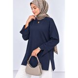 CNRCollection Kadın Lacivert Modal Kumaş Yırtmaç Detaylı Bisiklet Yaka Oversize Tesettür Tunik Sweat