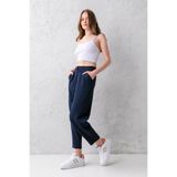 CNRCollection Kadın Lacivert Yüksek Bel Çift Düğmeli Tarz Havuç Model Bilek Boy Krep Kumaş Pantolon