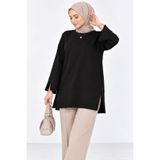 CNRCollection Kadın Siyah Modal Kumaş Yırtmaç Detaylı Bisiklet Yaka Oversize Tesettür Tunik Sweat