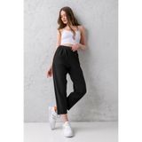 CNRCollection Kadın Siyah Yüksek Bel Çift Düğmeli Tarz Havuç Model Bilek Boy Krep Kumaş Pantolon