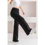 CNRCollection Kadın Siyah Yüksek Bel Toparlayıcı Önü Nervürlü Geniş Kalıp Bol Paça Modal Kumaş Tayt Pantolon