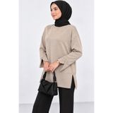 CNRCollection Kadın Taş Rengi Modal Kumaş Yırtmaç Detaylı Bisiklet Yaka Oversize Tesettür Tunik Sweat