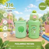 Cnsz Paslanmaz Çelik Matara 500ML Çocuklar Için Tasarlanmış. Okul Suluk Korumalı Slikon Kılıflı - 500 ml - Yeşil