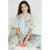 Coastal Breeze Kadın Saten Pijama Takımı Sahil Manzaralı Kısa Kollu Mavi