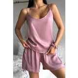 COCCOLARSI Düz Gül Kurusu Askılı Ve Şortlu Floş Saten Pijama Takımı
