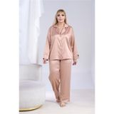 COCCOLARSI Nobiltà Segreta Bej Saten Uzun Pijama Takımı (Büyük Beden)