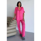 COCCOLARSI Palline Colorate Fuşya Saten Kısa Kol Pantolon Pijama Takımı