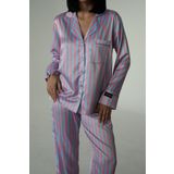COCCOLARSI Strisce Fucsia Azzurro Saten Uzun Pijama Takımı (Geniş Beden Aralığı)