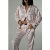 COCCOLARSI Strisce Rosa Chiaro Bianco Saten Uzun Pijama Takımı (Geniş Beden Aralığı)