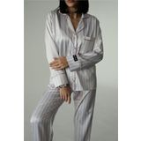 COCCOLARSI Strisce Rosa Chiaro Grigio Saten Uzun Pijama Takımı