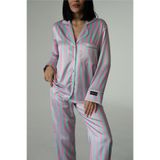 COCCOLARSI Strisce Rosa Menta Saten Uzun Pijama Takımı