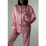 COCCOLARSI Strisce Rosa Scuro Chiaro Saten Uzun Pijama Takımı (GENİŞ BEDEN ARALIĞI)