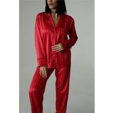 COCCOLARSI Strisce Rosse Bordeaux Saten Uzun Pijama Takımı (Geniş Beden Aralığı)