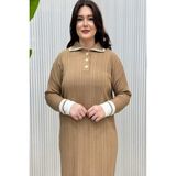 Cockatoo Düğmeli Gömlek Yaka Çoban Dikişli Çizgi Detaylı Fitilli Triko Tesettür Elbise - Bisküvi - Standart