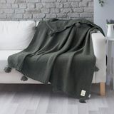 Coco Pirinç Örgü Ponponlu Triko Tv Battaniyesi Throw Koltuk Şalı - 130 x 170 cm - Haki
