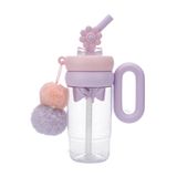 Cocosmile x Vagonlife 1000ml Tumbler Charm Serisi Parlak Şeffaf Gövdeli Pipetli/Pipetsiz Kullanım Detokslu Büyük Kulplu Peluş Süslü Charmlı ve Silikon Pipet Süslü Tritan Su Matarası Suluğu - Lila