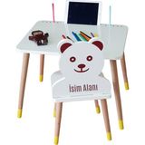 Çocuk Aktivite Masa Sandalye Takımı Tekli 1 Masa 1 Sandalye Ayıcıklı (Sarı Ayak) Tablet, Tele - Çok Renkli
