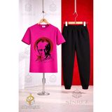 Çocuk Ataturk Kırmızı Ay Yıldızlı Sıyah Baskılı Tişort Eşofman Takımı - 7 - 8 Yaş - Pembe - Siyah