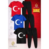 Çocuk Ay Yıldız Beyaz Baskılı 3lü Tişort Eşofman Takımı - 13 - 14 Yaş - Siyah - Mavi - Kırmızı
