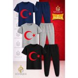Çocuk Ay Yıldız Kırmızı Baskılı 3lü Tişort Eşofman Takımı - 11 - 12 Yaş - Siyah - Gri - Lacivert